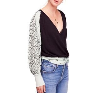 Free People Auxton Long Sleeve Thermal Wrap Top Black Combo Womens XS